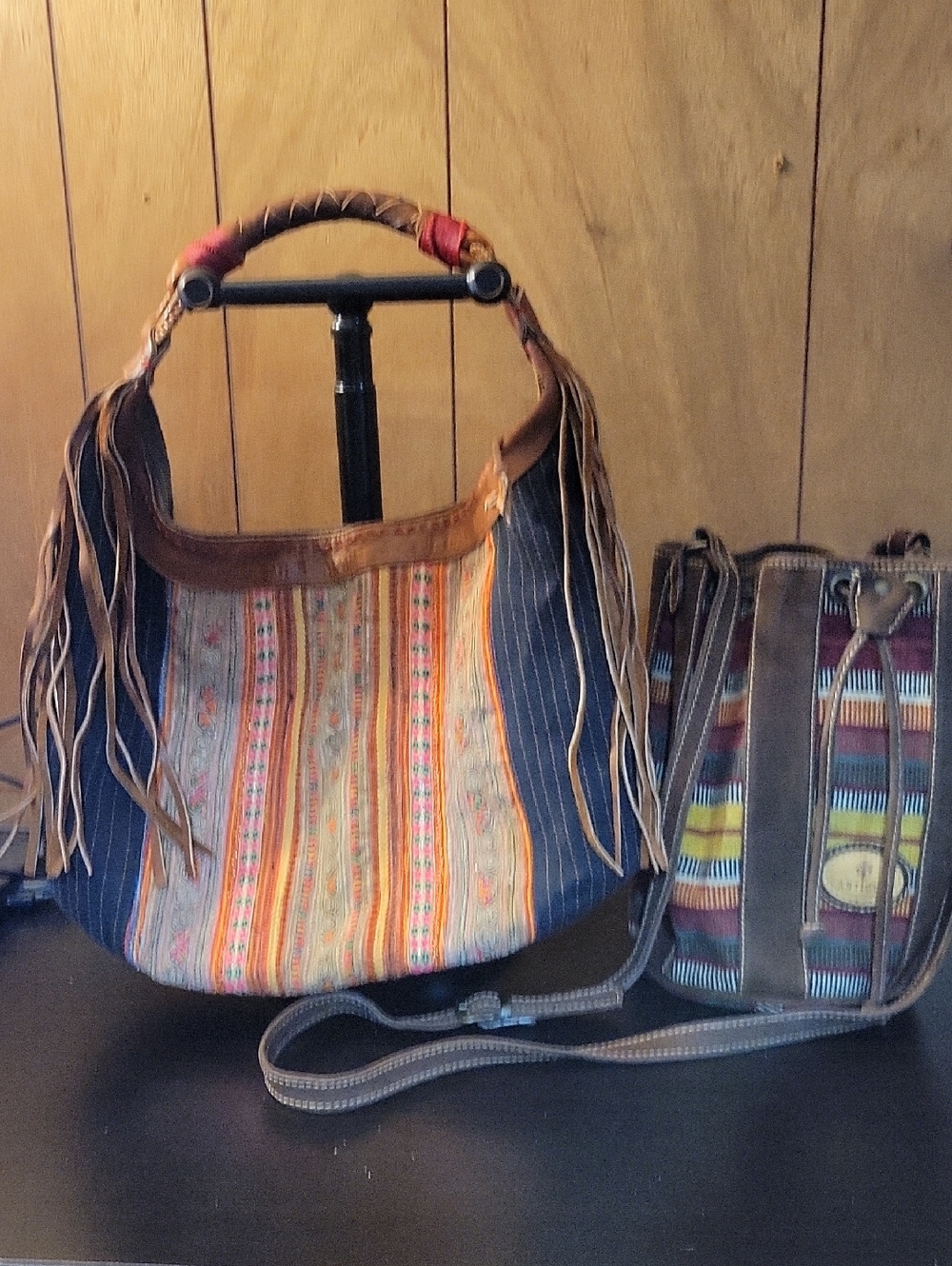 Fringed Boho Hobo Shoulder Bag in Multicolor Stripe Leather Bucket Bag